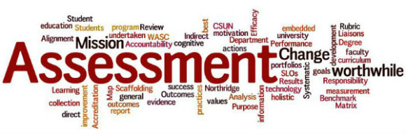 assessment terms wordle containing words  Assessment worthwhile direct Indirect Student Learning Outcomes SLOs report Change goals Results measurement information outcomes Systematic Mission program Department Degree general education development Rubric Analysis curriculum Alignment Matrix collection improvement Mission undertaken actions faculty Students Review cognitive Map Liaisons university best practices Accountability Benchmark Efficacy holistic embedded Performance portfolios Scaffolding CSUN Northridge worthwhile WASC values Accreditation motivation technology Responsibility Purpose evidence success Change
